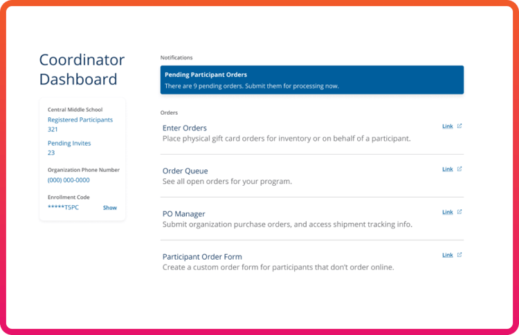 The coordinator dashboard includes clear alerts when there are pending orders from your participants that require action.