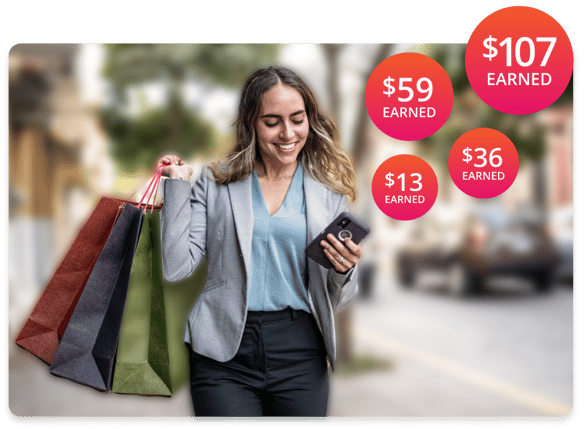 Woman using mobile device while shopping with gift cards and earning with RaiseRight