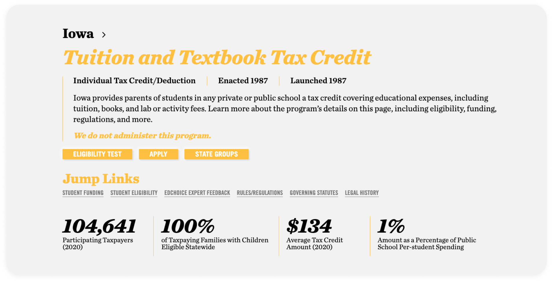 Screenshot of Iowa Tuition and Textbook Tax Credit page from EdChoice