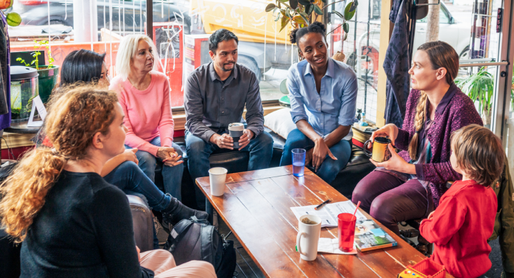 Group of PTO PTA parents meeting at a restaurant