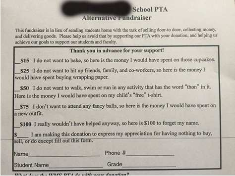 PTA's ‘Alternative Fundraising’ Form that Highlights Fundraising Fatigue