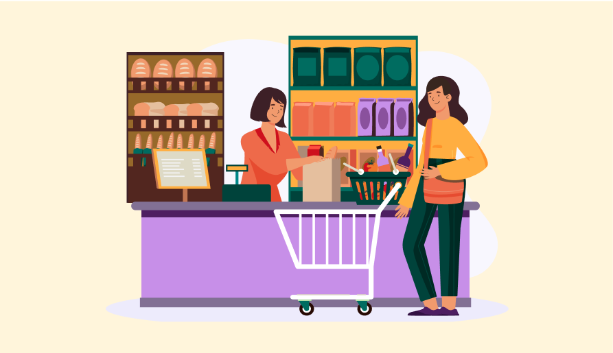 illustration of woman shopping at a store in-person in the checkout line