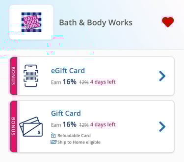 bath and body works gift card earning example