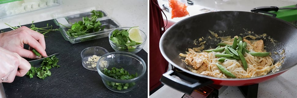 chopping cilantro on the left and adding sugar snap peas to the wok on the right