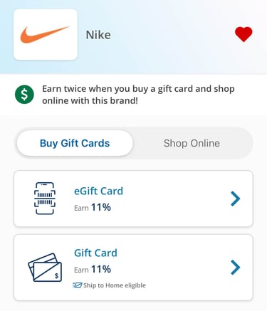 nike gift card earning example
