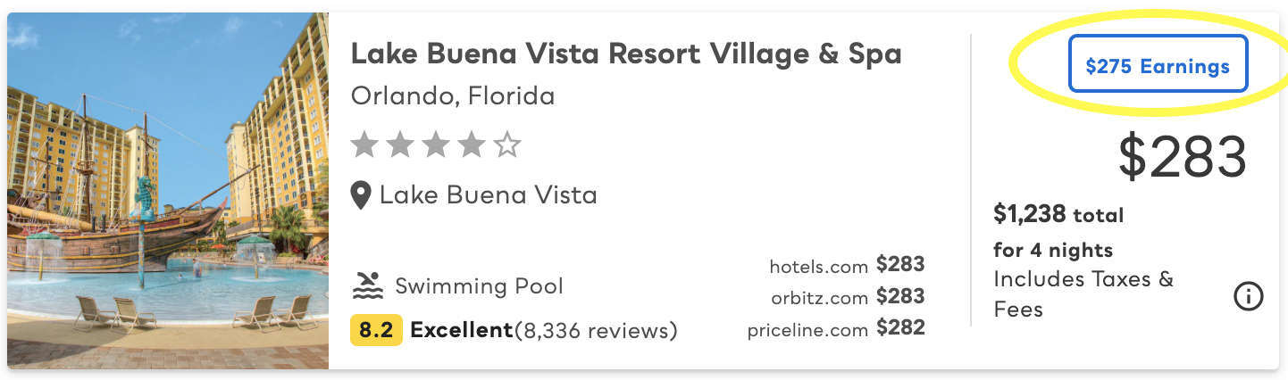 Hotel earning example on RaiseRight travel booking site