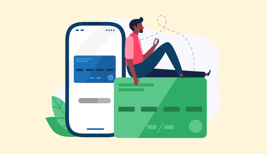 illustration of man shopping and paying with a gift card on his mobile device