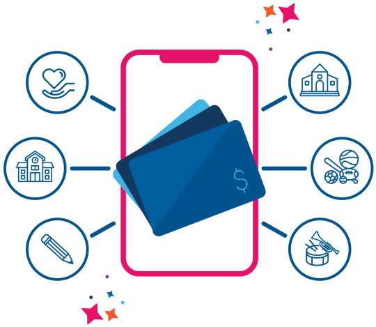 Illustration of gift cards and a mobile phone showing support for nonprofits and community organizations